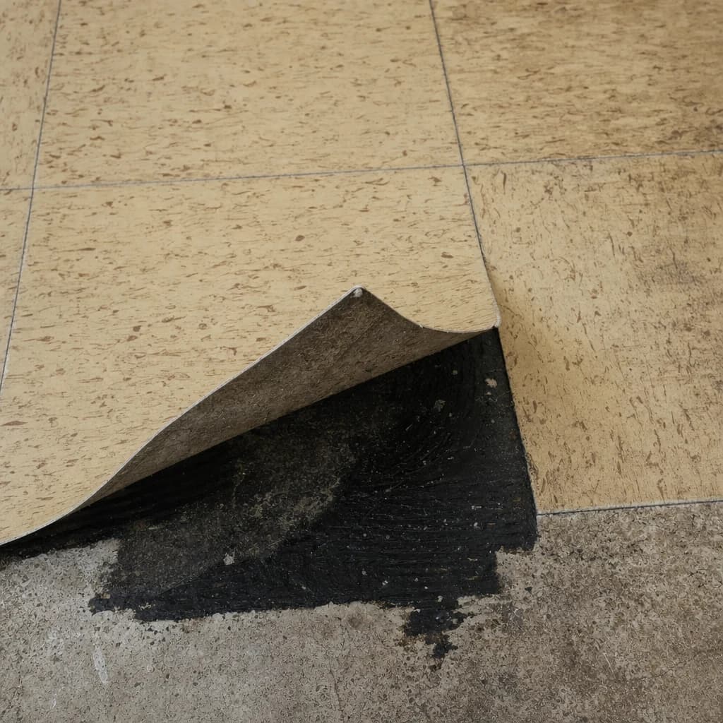 Floor-Flex-Bodenplatten mit schwarzem Bitumenkleber — typisches Verdachtsmaterial für eine Materialprobe
