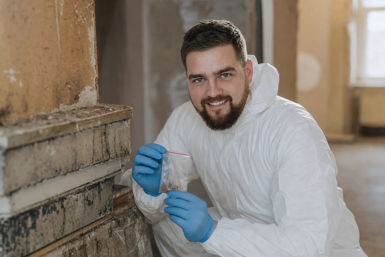 Markus Knaub bei der staubarmen Asbest-Probenahme im Schutzanzug